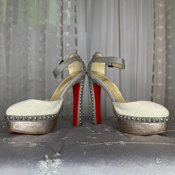 Studded Platform Suede Pewter High Heel Pumps - Picture 6 of 16